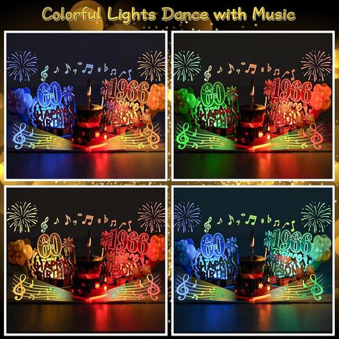 1966 60th Birthday Cards Pop Up 3D Cake - Firework & Music & Blow Out Candle Light Funny Happy 1966 60 Years Old Birthday Card Gifts for Men, Women, Friends, Dad, Mom, Grandpa, Husband, Wife in Kuwait