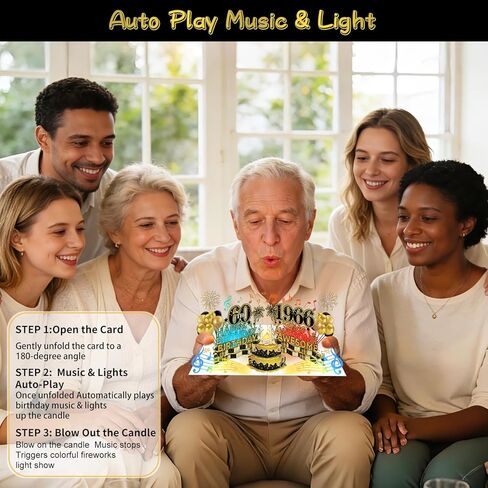 1966 60th Birthday Cards Pop Up 3D Cake - Firework & Music & Blow Out Candle Light Funny Happy 1966 60 Years Old Birthday Card Gifts for Men, Women, Friends, Dad, Mom, Grandpa, Husband, Wife in Kuwait