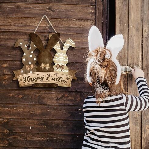 Pigort Happy Easter Hanging Door Sign Plaque Bunny Decor - Happy Easter Wall Sign Decorations for Easter Decorations for the Home Party in Kuwait