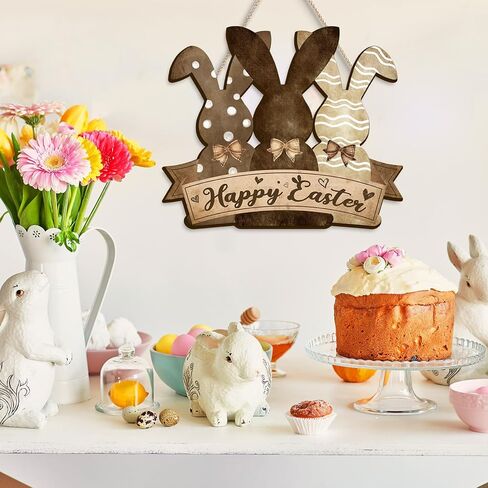 Pigort Happy Easter Hanging Door Sign Plaque Bunny Decor - Happy Easter Wall Sign Decorations for Easter Decorations for the Home Party in Kuwait