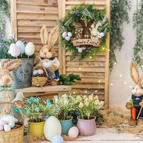 Pigort Happy Easter Hanging Door Sign Plaque Bunny Decor - Happy Easter Wall Sign Decorations for Easter Decorations for the Home Party in Kuwait