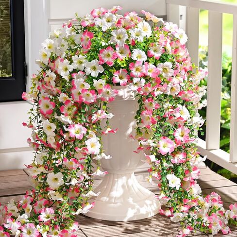 زهور البتونيا الاصطناعية من Waipfaru للأماكن الخارجية، قطعتان من النباتات المعلقة المزيفة المقاومة للأشعة فوق البنفسجية، ديكور خارجي زنبركي، زهور حرير صناعية طويلة زائدة للمزارعين في الهواء الطلق، حديقة الشرفة (أبيض أرجواني) in Kuwait