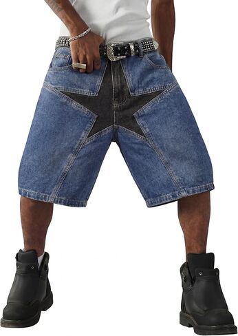 Vamtac Mens Patchwork Denim Shorts Straight Leg Star Jeans Unisex Steetwear Y2K Hip Hop Jorts for Men and Women in Kuwait