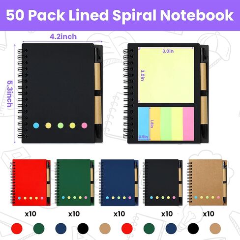 50 Pack Spiral Pocket Notebook with Pen, 4.2x5.25 Inch Lined Journals Bulk Small Notebooks and Pen Set, Spiral Notepad Sticky Notes for Business Office School, 5 Colors, 60 Sheets/120 Pages in Kuwait