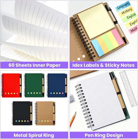 50 Pack Spiral Pocket Notebook with Pen, 4.2x5.25 Inch Lined Journals Bulk Small Notebooks and Pen Set, Spiral Notepad Sticky Notes for Business Office School, 5 Colors, 60 Sheets/120 Pages in Kuwait