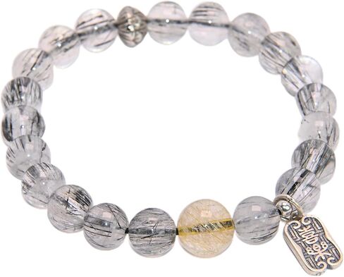 Natural Black Rutilated Quartz Bracelet with Golden Rutilated Quartz Bead, Round Crystal Stone Beads with Silver Charm in Saudi Arabia