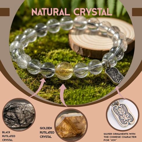 Natural Black Rutilated Quartz Bracelet with Golden Rutilated Quartz Bead, Round Crystal Stone Beads with Silver Charm in Saudi Arabia