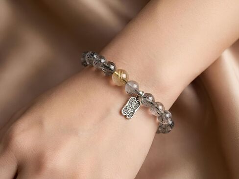 Natural Black Rutilated Quartz Bracelet with Golden Rutilated Quartz Bead, Round Crystal Stone Beads with Silver Charm in Saudi Arabia