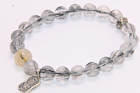 Natural Black Rutilated Quartz Bracelet with Golden Rutilated Quartz Bead, Round Crystal Stone Beads with Silver Charm in Saudi Arabia