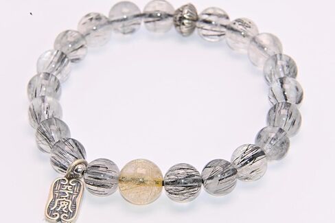 Natural Black Rutilated Quartz Bracelet with Golden Rutilated Quartz Bead, Round Crystal Stone Beads with Silver Charm in Saudi Arabia