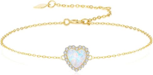14k Gold Created Moissanite and Simulated Opal Heart Bracelet for Women, Real 14 Karat Hand Jewelry Gifts for Her, 6.2"-7.8" in Saudi Arabia