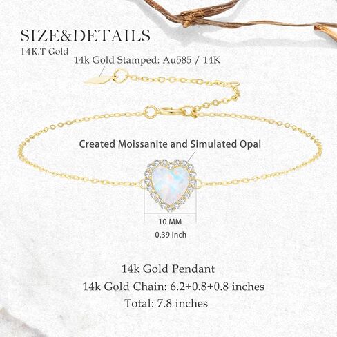14k Gold Created Moissanite and Simulated Opal Heart Bracelet for Women, Real 14 Karat Hand Jewelry Gifts for Her, 6.2"-7.8" in Saudi Arabia