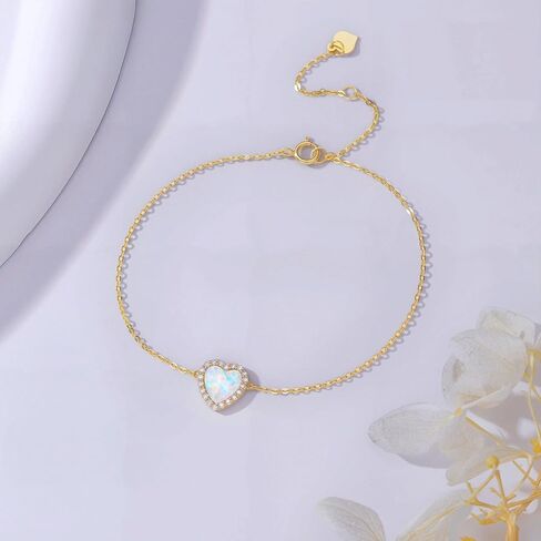 14k Gold Created Moissanite and Simulated Opal Heart Bracelet for Women, Real 14 Karat Hand Jewelry Gifts for Her, 6.2"-7.8" in Saudi Arabia