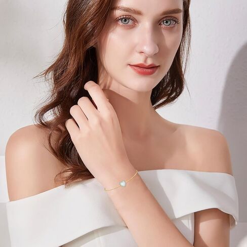 14k Gold Created Moissanite and Simulated Opal Heart Bracelet for Women, Real 14 Karat Hand Jewelry Gifts for Her, 6.2"-7.8" in Saudi Arabia