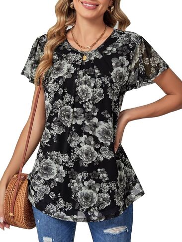 BAISHENGGT Womens Blouses Dressy Casual Shirts Flutter Short Sleeve Pleated Front Mesh Summer Tunic Tops in Kuwait