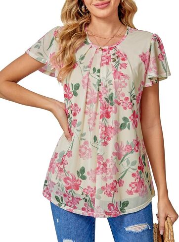 BAISHENGGT Womens Blouses Dressy Casual Shirts Flutter Short Sleeve Pleated Front Mesh Summer Tunic Tops in Saudi Arabia