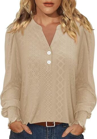 Womens Blouses 2026 Fashion Tops Casual Long Sleeve Work Shirts Dressy V Neck Button Up Tunic Tshirts in Saudi Arabia