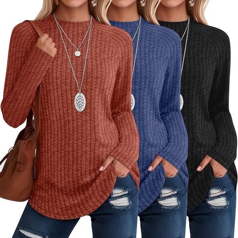 3 Pack Women's Tunic Tops, Mock Turtleneck Raglan Long Sleeve Lightweight Sweaters Loose Curved Hem Ribbed Shirts in Kuwait