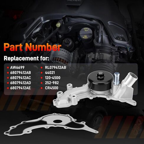 AW6699 Water Pump with Gasket Compatible with 2012-2017 Jeep Wrangler, 2018 Wrangler JK 3.6L V6 Replace for 68079412AB 68079412AC 68079412AD 68079412AE RL079412AB 44021 120-4500 252-982 CR4500 99510 in Kuwait