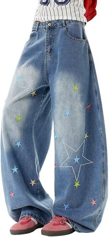 Baggy Jeans for Women Girls Star Embroidered High Waist Barrel Leg Jean Casual Cute Pants Preppy Clothes in Saudi Arabia