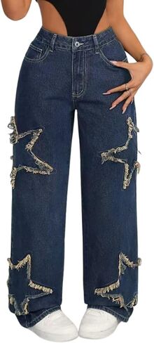 جينز فضفاض للنساء والفتيات مطرز بالنجوم عالي الخصر وأرجل جينز كاجوال لطيف ملابس Preppy in Kuwait