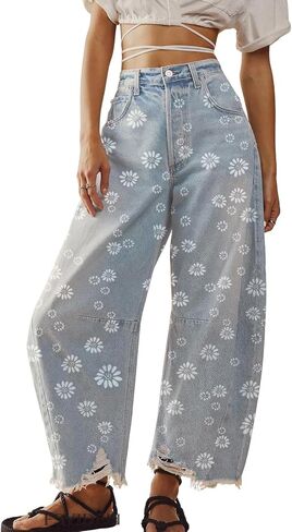 ebossy Women's Daisy Floral Denim Pant High Wiast Y2K Distressed Ripped Boyfriend Baggy Cropped Wide Leg Barrel Jeans in Saudi Arabia