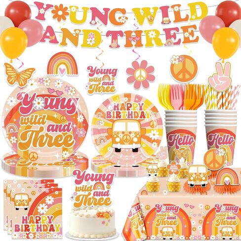 138pcs Young Wild and Three Party Decorations Tableware Set, Wild and Three Party Decorations Young Wild and Three Plate Napkins Tablecloth Banner for Young Wild and Three Party Decorations Girl in Kuwait