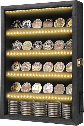حافظة عرض العملات المعدنية مع مصباح LED، مقاس 16 × 12 × 3 بوصة من الخشب الأسود مكونة من 5 طبقات من العملات المعدنية العسكرية لقوات مشاة البحرية التابعة للقوات الجوية البحرية للجيش | حامل حائط عرض عملة التحدي. حامل حائط عرض عملة التحدي in Kuwait