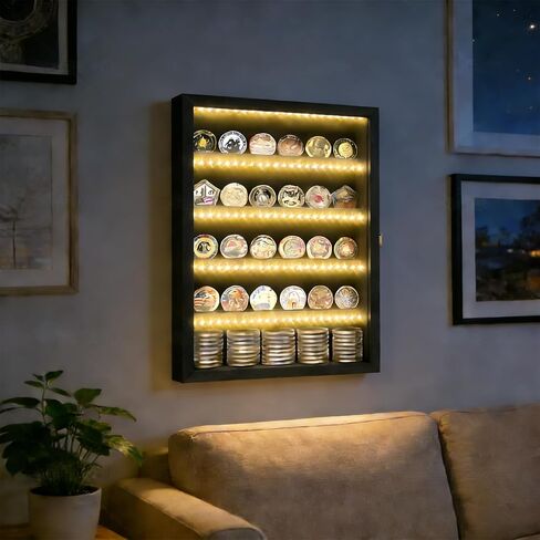 حافظة عرض العملات المعدنية مع مصباح LED، مقاس 16 × 12 × 3 بوصة من الخشب الأسود مكونة من 5 طبقات من العملات المعدنية العسكرية لقوات مشاة البحرية التابعة للقوات الجوية البحرية للجيش | حامل حائط عرض عملة التحدي. حامل حائط عرض عملة التحدي in Kuwait