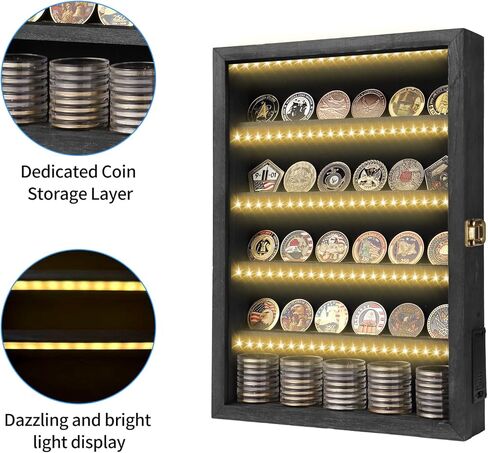 حافظة عرض العملات المعدنية مع مصباح LED، مقاس 16 × 12 × 3 بوصة من الخشب الأسود مكونة من 5 طبقات من العملات المعدنية العسكرية لقوات مشاة البحرية التابعة للقوات الجوية البحرية للجيش | حامل حائط عرض عملة التحدي. حامل حائط عرض عملة التحدي in Kuwait
