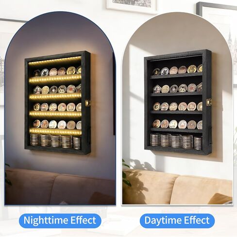 حافظة عرض العملات المعدنية مع مصباح LED، مقاس 16 × 12 × 3 بوصة من الخشب الأسود مكونة من 5 طبقات من العملات المعدنية العسكرية لقوات مشاة البحرية التابعة للقوات الجوية البحرية للجيش | حامل حائط عرض عملة التحدي. حامل حائط عرض عملة التحدي in Kuwait