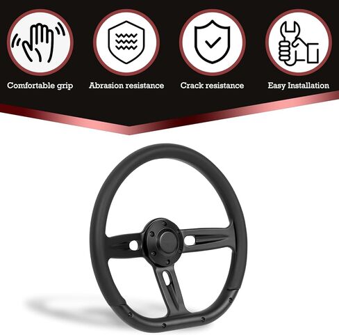 Universal 350mm 14 Inch D-Shape Steering Wheel –Black Microfiber Leather Grip,Aluminum Alloy Matte Black Spokes,6 Bolt 3 Spokes Deep Dish 50mm,Fit for Racing, Cars,Golf Carts Steering Wheel in Kuwait