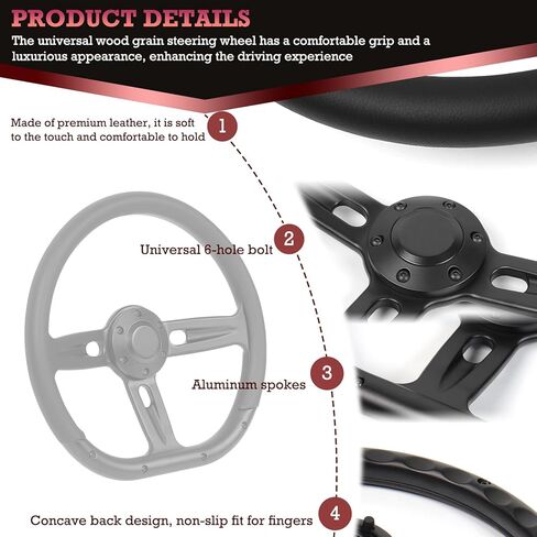 Universal 350mm 14 Inch D-Shape Steering Wheel –Black Microfiber Leather Grip,Aluminum Alloy Matte Black Spokes,6 Bolt 3 Spokes Deep Dish 50mm,Fit for Racing, Cars,Golf Carts Steering Wheel in Kuwait