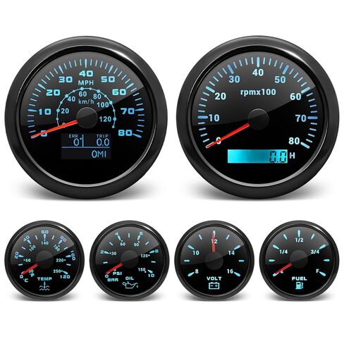 ARTILAURA 6 Gauge Set-GPS Speedometer, Tachometer, Oil Pressure Gauge, Fuel Gauge, Water Temperature, Voltmeter 7 Color Boat Gauges Set Marine AUTO Gauge Kit (Black Silver) in Kuwait