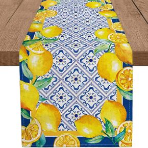 Summer Lemon Table Runner Navy Blue Tile Burlap Artificial Lemon Fruit Table Runners Farmhouse Coffee Table Center Decor for Home Kitchen Dining Room Party Patio Indoor Outdoor 13x72 Inch