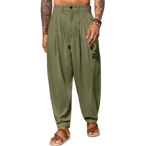 Runcati Mens Linen Baggy Pants Pleated Casual Harem Pants Beach Hippie Summer Trousers