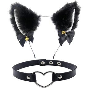 Black Cat Ears Headband and Choker, Cosplay Ears for Women Cat Fox Fur Ears Headband Cat Ears and Collar Set with Bells Black Ears Cat Costume Ears and Collar for Christmas Fancy Dress Wedding Party