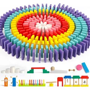 Joqutoys 600 PCS Dominoes Set for Kids, Wooden Domino Building Blocks, 6 Colors Bulk Dominoes Racing Tiles Games with Extra 26 Add-on Blocks and Storage Bag, Educational Toys for Kids Birthday Party