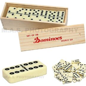 Double 6 Jumbo Size Faux Tiles with Spinner in Wooden Box - Cream