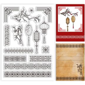 PH PandaHall Year of The Dragon Patterns Clear Stamps for Card Making, Lantern Rubber Stamps Transparent Paper Craft Stamps for DIY Scrapbooking Stamps Spring Festival Decoration Paper Photo Card