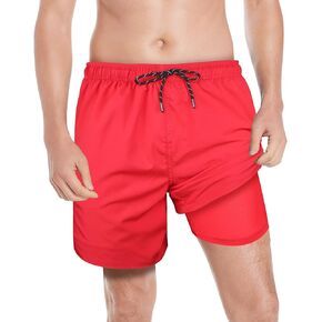 7" Mens Compression Swim Shorts,Men Bathing Suit with Boxer Brief Liner with air Holes 20.5" Outseam(Red,X-Large)