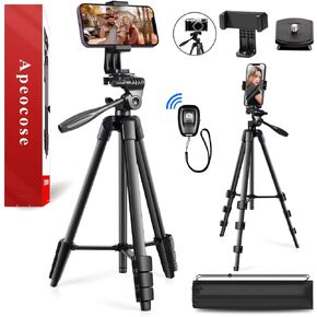 55" Tripod for iPhone with Quick-Release Plate, Lightweight Cell Phone Tripod Stand, Portable Travel Camera Tripod with 360 Degree Rotatable Phone Mount Holder & Wireless Remote Shutter