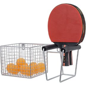 MyGift 12 Inch Wall Mounted Silver Metal Table Tennis Pickleball Paddle Rack and Ball Storage, Hanging Equipment Organizer with Racket Holder and Basket for Ping Pong Balls
