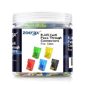 100-Pack RJ45 Cat6 Pass Through Connector, Assorted Colors, RJ45 Modular Plugs for Solid or Stranded UTP Cable