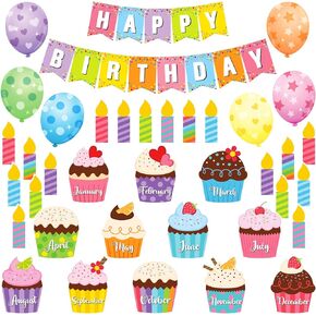 Leinuosen 45 Pieces Happy Birthday Bulletin Board Set Birthday Bulletin Board Decorations Classroom Chart Calendar Balloon Candle Cupcake Cutouts for Calendar Classrooms