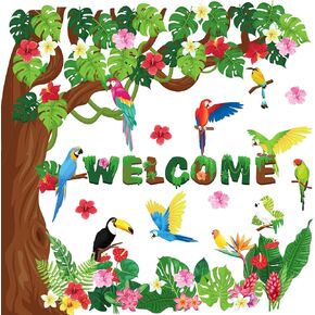 101 PCS Hawaiian Bulletin Board Decorations Summer Tropical Bird Hawaiian Hibiscus Tropical Tree Bulletin Board Flowers Palm Cutouts for Classroom Beach Tiki Luau Hawaii Party