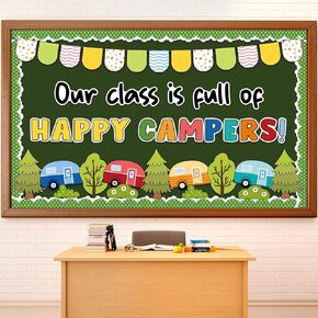 60Pcs Camping Bulletin Board Decoration Set Summer Camping Tents Cut Outs Happy Camper Trim Border Vintage Trailer Classroom Decor for Woodland Party School Chalkboard Wall Nursery Decor