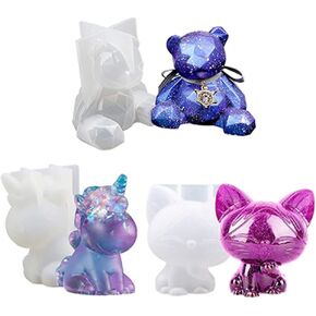 3 PCS 3D Cartoon Animal Resin Molds, Silicone Resin Casting Molds, Include 3D Bear Epoxy Molds, Cat, Trumpet Unicorn Casting Resin Molds,for Phone Holder Silicone Mold DIY Resin Craft