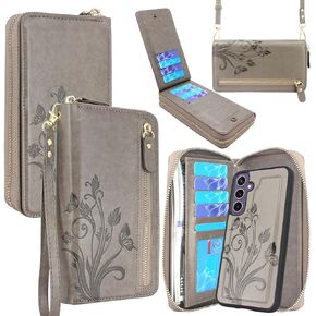 Lacass Case Wallet for Samsung Galaxy S23 FE 2023, Crossbody Dual Zipper Detachable Magnetic Leather Wallet Case Cover Wristlets Wrist Strap 13 Card Slots Money Pocket (Floral Dark Purple)