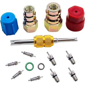 R12 to R134A AC Retrofit Fitting Adapter Kit, R12 R22 to R134A High/Low Fitting Port Retrofit 1/4’’ to 7/16"-20 UNF Conversion Adapter, Fits for AC Air Conditioner (A/C Adapter Valve Core Kit)
